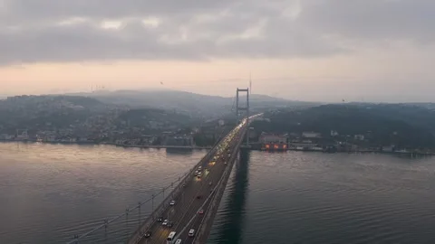 Aerial view of the bosphorus bridge traffic at dusk in istanbul 4K Stock Footage 341272029