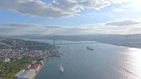 Aerial View of Bosphorus Ship Traffic and Historical Ortakoy Mosque 3 Stock Footage 252918705