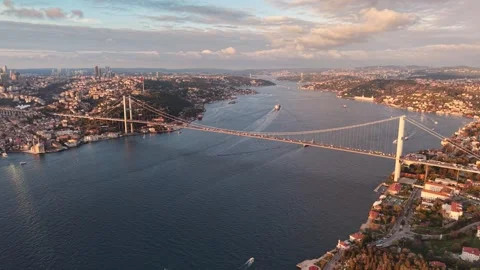 Aerial View of the Bosphorus Strait and 15 July Martyrs Bridge in Istanbul, Turk Stock Footage 324742386