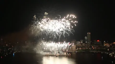 Aerial view of Boston's 4th of July fireworks display Stock Footage 18185092