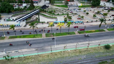 Aerial view of a boulevard with cyclists and runners Stock Footage 342062806