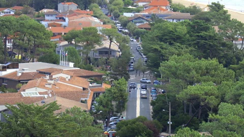 Aerial view of the Boulevard de la Plage street in Cap Ferret, France Stock Footage 249079700