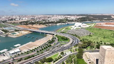 Aerial View of Bouregreg River and Modern Rabat Urban Landscape Stock Footage 346906293