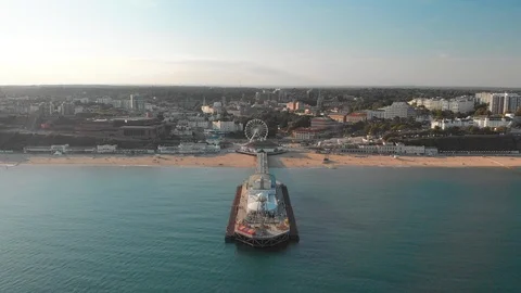 Aerial View of Bournemouth Pier And Coastline On A Summers Evening, 4K Stock Footage 111688872