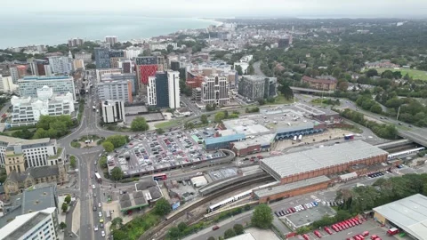 Aerial view of Bournemouth train station, 26th Sept 2026, 3pm , Dorset Stock Footage 345932435