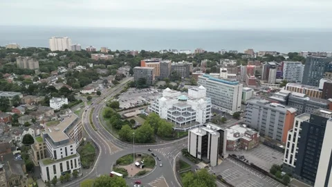 Aerial view of Bournemouth train station, 26th Sept 2026, 3pm , Dorset Stock Footage 345932501
