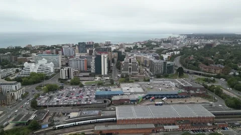 Aerial view of Bournemouth train station, 26th Sept 2026, 3pm , Dorset Stock Footage 345932521