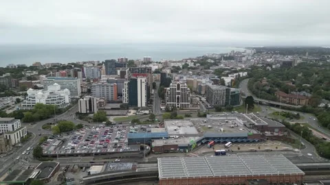 Aerial view of Bournemouth train station, 26th Sept 2026, 3pm , Dorset Stock Footage 345932546