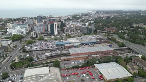 Aerial view of Bournemouth train station, 26th Sept 2026, 3pm , Dorset Stock Footage 345932572