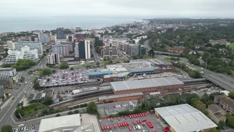 Aerial view of Bournemouth train station, 26th Sept 2026, 3pm , Dorset Stock Footage 345932574