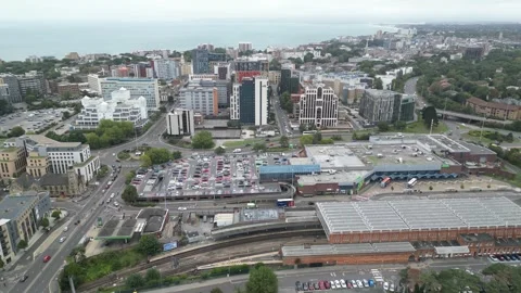 Aerial view of Bournemouth train station, 26th Sept 2026, 3pm , Dorset Stock Footage 345932581