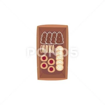 Aerial view of box with cookies with christmas decoration Stock Illustration