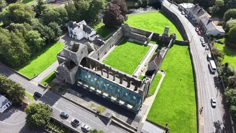Aerial view of Boyle Abbey, medieval stone ruins Stock Footage 346005190