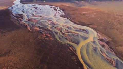 Aerial view of braided glacial river in Iceland. Stock Footage 341430987