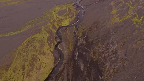 Aerial View of Braided Glacial River in Iceland Highlands - 4K Drone Footage Stock Footage 341578384