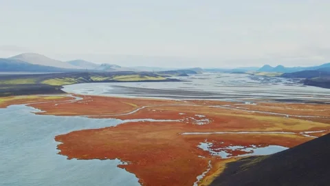 Aerial View of Braided Glacial Rivers and Volcanic Plains in Iceland's Highlands Stock Footage 320511780