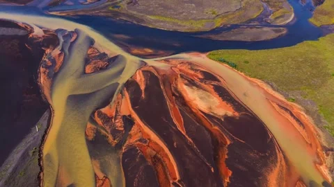 Aerial view of braided river channels in Iceland. Stock Footage 341430702