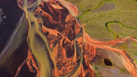 Aerial view of braided river channels in Iceland. Stock Footage 341430715