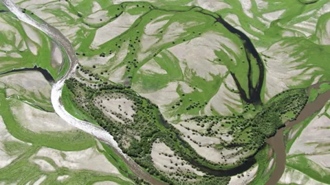 Aerial view of braided river flowing through green floodplain Stock-Footage 333204022