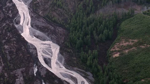 Aerial view of braided river flowing through alpine forest 스톡 동영상 335106224