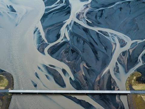 Aerial view of braided river patterns in Iceland. Stock Photos