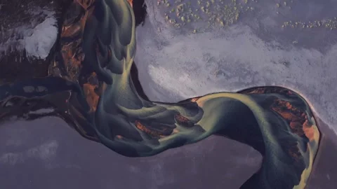 Aerial view of braided river with sediment patterns, ICELAND. Stock Footage 341430902