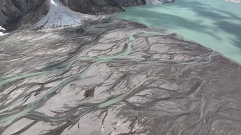 Aerial view of of braided river at the source of Ranwu Lake Tibet China Stock Footage 307471415