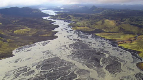Aerial view of a braided river system in Iceland Stock Footage 333205227