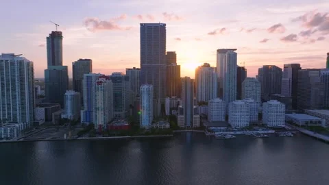 Aerial view of Brickell skyline at sunset in United States. Stock Footage 342479467