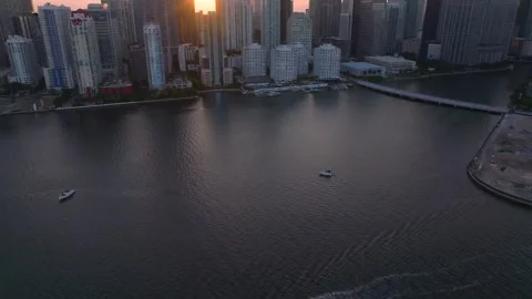 Aerial view of Brickell skyline at sunset in Miami, United States. Stock Footage 342479486