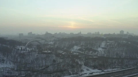 Aerial view, bridge across Dnіpro and the Arch of Friendship of Peoples in Kyiv Stock Footage 123730109