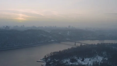 Aerial view, bridge across Dnіpro and the Arch of Friendship of Peoples in Kyiv Stock Footage 123731439