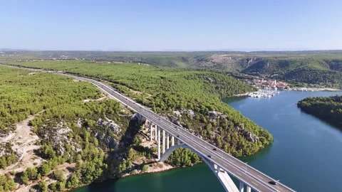Aerial view of bridge across the river Krka and town Skradin, Croatia Stock Footage 291435403