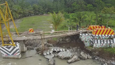 Aerial view of a bridge that almost collapsed Stock Footage 303794168