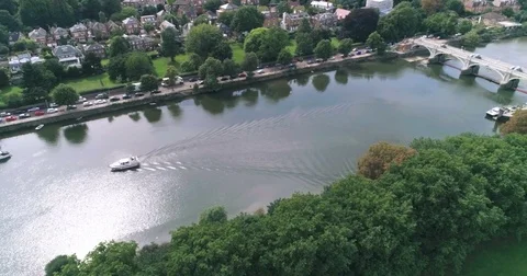 Aerial view of a bridge and a lock on the river Thames in West London Stock Footage 80868533
