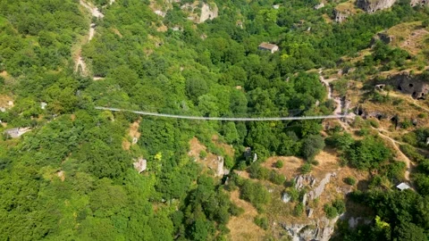 Aerial View of Bridge to the Cave Dwellings in Khndzoresk, Armenia Stock-Footage 344470541