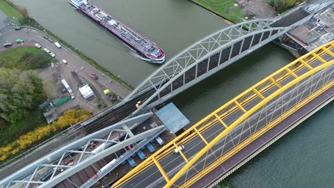 Aerial view of bridge construction work 4k Stock Footage 138866765