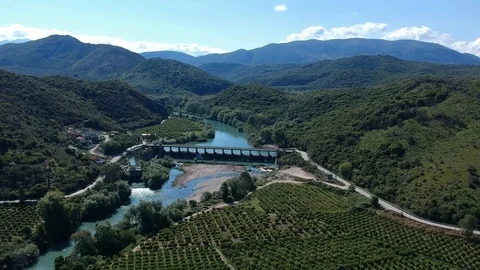 Aerial view bridge dam river kalamas and mountains in igoumenitsa greece Stock Footage 126314229