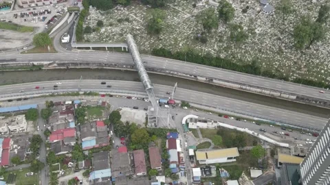 Aerial view of bridge, highway, river and village in Kuala Lumpur Stock Footage 150289871