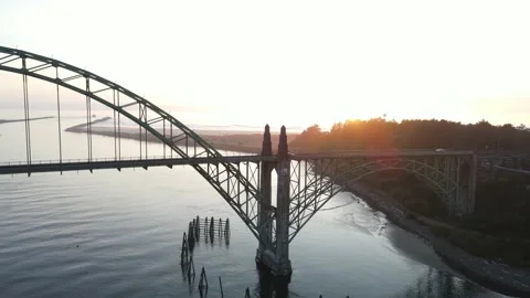 Aerial View of Bridge in Oregon at Sunset Stock Footage 213106527