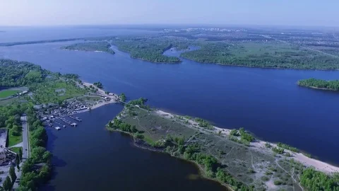Aerial view of the bridge over the Dnipro River with islands Stock Footage 79026800
