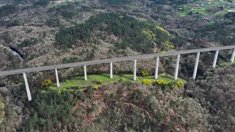 Aerial View Of Bridge Over The Forest And River In Spain. Video stock 304663916