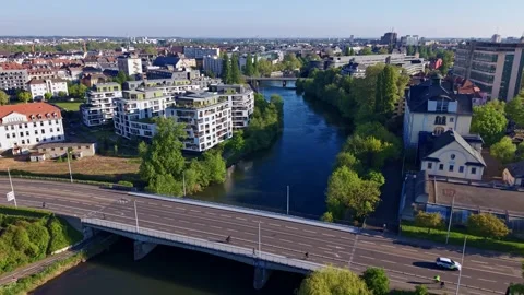 Aerial view of bridge over Ill river in Heyritz district, Strasbourg, France Stock Footage 336340148