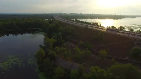 Aerial view of the bridge over a large river Stock Footage 66525743