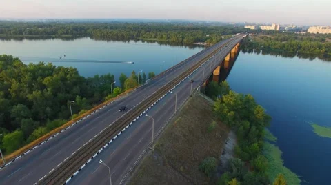 Aerial view of the bridge over a large river Video stock 67285821