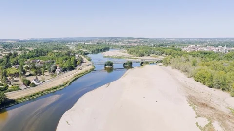 Aerial view of the bridge over the Loire River in Fourchambault, Bourgogne Stock Footage 346719861