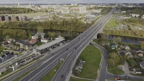 Aerial view of a bridge over the Neris River in Vilnius, Lithuania. Stock Footage 341449809