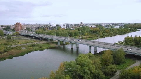 Aerial view bridge over the river Kotorosl in Yaroslavl, Russia Stock Footage 70231396