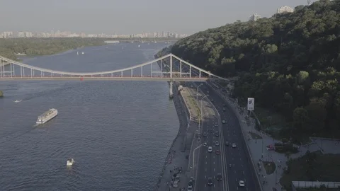 Aerial view of the bridge over the river Stock Footage 129422797