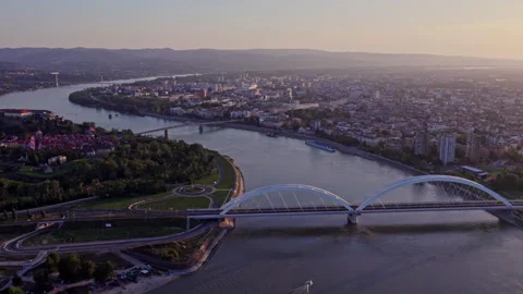 Aerial View of Bridge Over River at Sunset in Novi Sad, Serbia Stock Footage 272870189